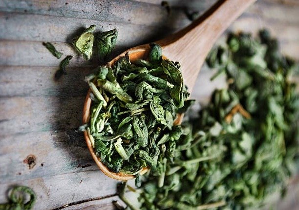 Spoon of dried green tea leaves on wooden background Spoon of dried green tea leaves on wooden background