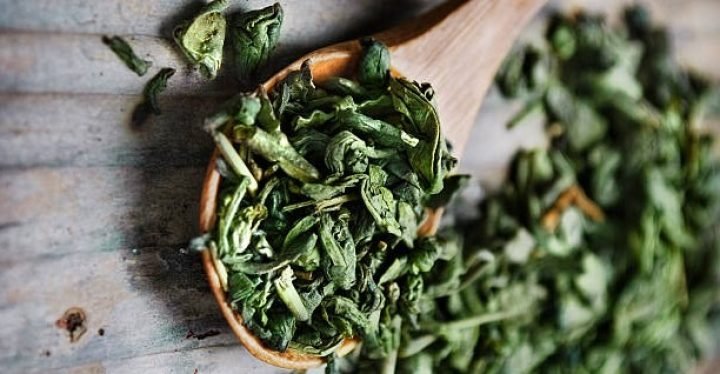 Spoon of dried green tea leaves on wooden background Spoon of dried green tea leaves on wooden background